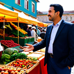 A professional public communicator, fully clothed in modest business casual attire, is engaging respectfully with diverse community members in a vibrant outdoor market square. The communicator is listening attentively to a citizen, showing an empathetic and natural expression, amidst a backdrop of lively market stalls and local architecture. The atmosphere is collaborative and open. Perfect anatomy, correct proportions, natural pose, well-formed hands, proper finger count, natural body proportions, professional photography, high resolution, realistic, safe for work, appropriate content, fully clothed, family-friendly.