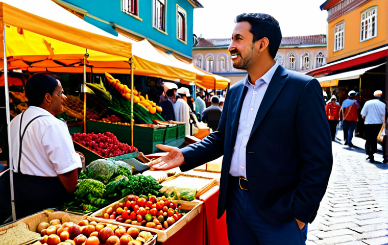 A professional public communicator, fully clothed in modest business casual attire, is engaging respectfully with diverse community members in a vibrant outdoor market square. The communicator is listening attentively to a citizen, showing an empathetic and natural expression, amidst a backdrop of lively market stalls and local architecture. The atmosphere is collaborative and open. Perfect anatomy, correct proportions, natural pose, well-formed hands, proper finger count, natural body proportions, professional photography, high resolution, realistic, safe for work, appropriate content, fully clothed, family-friendly.