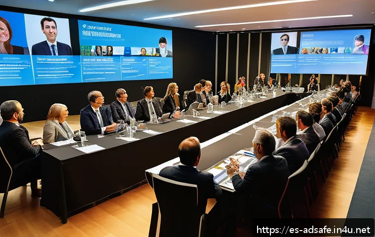 행정안전 전문가를 위한 협회 가입 가이드 - A professional networking event in a modern conference hall in Spain, featuring diverse public admin...