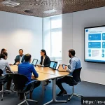 행정안전 실무 사례 분석 - A modern Spanish municipal office interior showing a diverse group of public employees participating...