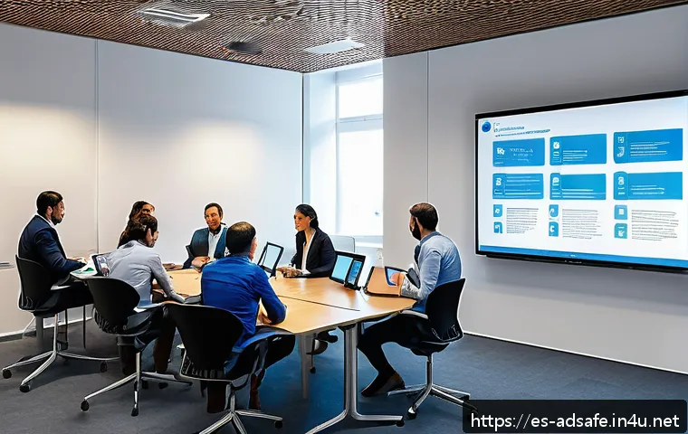 행정안전 실무 사례 분석 - A modern Spanish municipal office interior showing a diverse group of public employees participating...