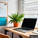 행정안전 시험 준비를 위한 시간 관리법 - A well-organized study space designed for a Spanish-speaking student, featuring a clean wooden desk ...