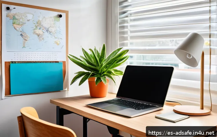 행정안전 시험 준비를 위한 시간 관리법 - A well-organized study space designed for a Spanish-speaking student, featuring a clean wooden desk ...